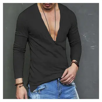 JAV Akcijų Vyrų Mados Atsitiktinis ilgomis Rankovėmis Slim Fit Deep V-kaklo, Seksualus, Marškinėliai T-shirts