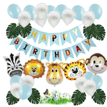 34pcs / daug gyvūnų galvą folija balionas mėlynas, rožinis su Gimtadieniu Reklama modeliavimas lapų zebra tigras, liūtas gimtadienio apdaila