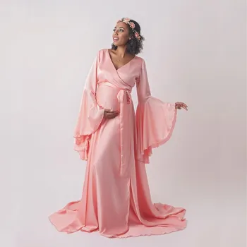 2020 Nėštumo Šilko Fotosesiją Sleepwear Nightdress Motinystės Fotografija Šilko Suknelės Rankovėmis Varpo Grindų Ilgis