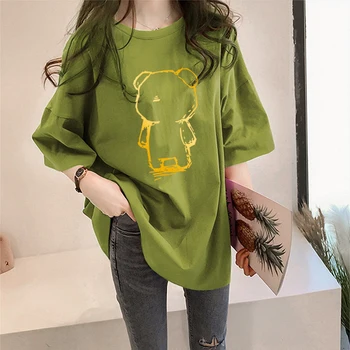 Žalia prarasti dugno marškinėliai, ilgas, trumpas rankovėmis moteriški marškinėliai su mielas aukso štampavimo lokys modelis
