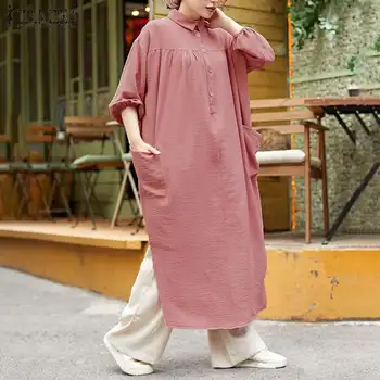 Musulmonų Marškinėliai Suknelė Moterų Rudenį Sundress ZANZEA 2021 Retro Jilbab Abaja Maxi Vestidos Moterų Mygtuką Atvartas, Chalatas, Negabaritinių 5XL