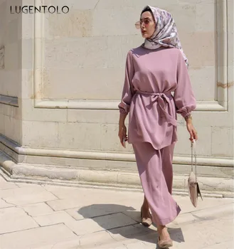 Lugentolo Dviejų dalių Komplektas Viršaus ir Kelnės Vasaros Mados Musulmonų Suknelė Paprasta, Švieži Kietas Pločio Kojų Kelnės Dubajus Atsitiktinis Palaidų Moteris Rinkinys
