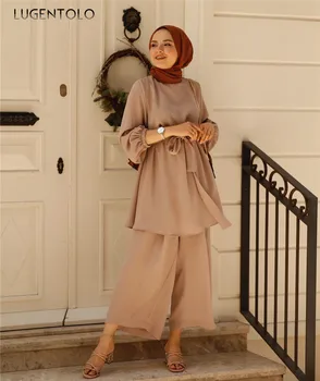 Lugentolo Dviejų dalių Komplektas Viršaus ir Kelnės Vasaros Mados Musulmonų Suknelė Paprasta, Švieži Kietas Pločio Kojų Kelnės Dubajus Atsitiktinis Palaidų Moteris Rinkinys