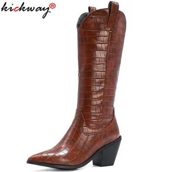 Kickway Akmens Reljefinis Odos kaubojaus batai moterims, žiemos batai moterims Stambusis Blokuoti Aukšto Kulno vakarų kelio didelės ponios batai