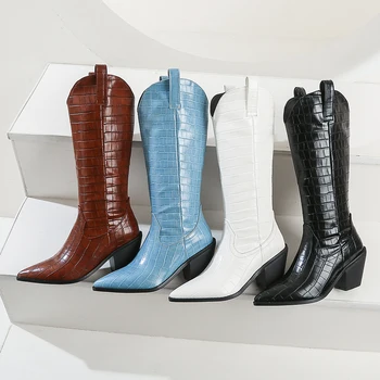 Kickway Akmens Reljefinis Odos kaubojaus batai moterims, žiemos batai moterims Stambusis Blokuoti Aukšto Kulno vakarų kelio didelės ponios batai