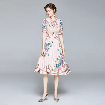 Banulin 2020 Metų Vasaros Mados Dizaineris Plisuotos Suknelė Moterims Trumpomis Rankovėmis Nėrinių Kratinys Gėlių Spausdinti Derliaus Moterų Midi Suknelė