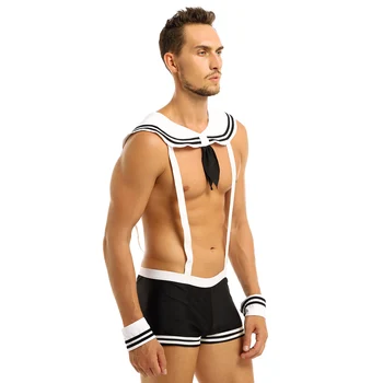 Iiniim 3Pcs Mens Sailor Cosplay Seksualus Kostiumas Mens Naktį Apatiniai Nustatyti Elastinės Petnešos Boksininkas Trumpikės su Apykakle ir Rankogaliai