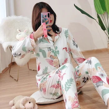 Trikotažo medvilnės pižama rinkiniai moterims, Rudenį, pavasarį Korėja mielas Animacinių filmų ilgomis rankovėmis kokybės sleepwear moterų pižamos