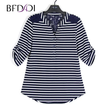 BFDADI Naujas Moterų Ponios Didelis dydis, 3/4 Rankovės Blue White Stripe T shirt Mezgimas nėriniai viršų Z-1704