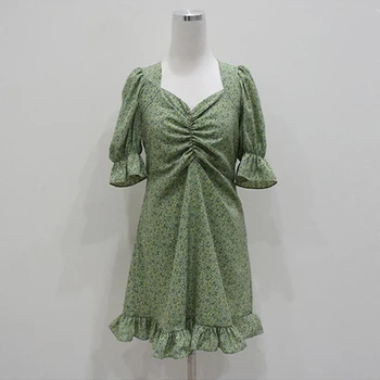 Pietų Korėja Elegantiškos Suknelės Karšto Pardavimo Moterų Flhjlwoc Stiliaus Susiėmę Šviežia Žalia Gėlių Spausdinti Puoštas Suknelė Vintage Vestidos femme