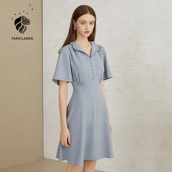 FANSILANEN Vintage blue pynimas šifono marškinėliai suknelė Moterims drugelis rankovės elegantiškas vasaros suknelė Office slim atsitiktinis midi suknelė