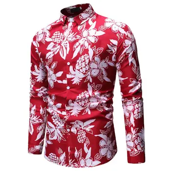 Raudona Atostogų Havajų Paplūdimys Marškinėliai Vyrams, Ilgomis Rankovėmis Gėlių Spausdinti Vyrų Mygtuką Žemyn Marškiniai Atsitiktinis Atogrąžų Negraži Šalis Camisa Hawaiana