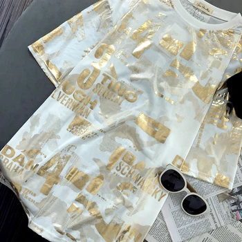 Plius Dydis Moterų Aukso Štampavimo marškinėliai Atsitiktinis Palaidų Moteris Tees Femme Trumpas Rankovės Aukso Viršūnes Moterų Prarasti Tees