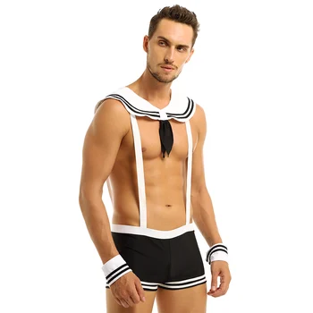 Vyrai Vyrai seksualus Sailor kostiumai karinio jūrų Laivyno Cosplay Kostiumų Vaidmenį PlayUnderwear Rinkiniai Elastinės Petnešos Boksininkas Trumpikės su Apykaklės, Rankogaliai