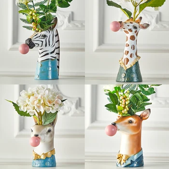 Kūrybos vaza Šiaurės stiliaus mielas animacinių filmų gyvūnų galvos dervos vaza namų dekoro priedai šiuolaikinių Vestuvių papuošimas švenčių dovanos