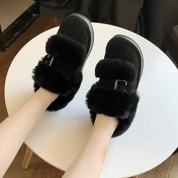 Žiemos naujas šiltas vandeniui platforma moterų batai 2020 m. su kailio metalo sagtis, suapvalinti tne juoda plokšti batai, prekės ženklo dizaino batai q641