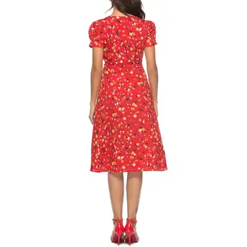 MISSKY Moterų Vasaros Suknelė trumpomis Rankovėmis V Apykaklės, Raudona, Mėlyna Spalva Spausdinimo Ritininės Jungiamąją Suknelė Moterų Drabužiai 2019 Naujas