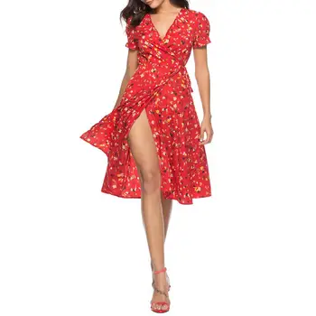 MISSKY Moterų Vasaros Suknelė trumpomis Rankovėmis V Apykaklės, Raudona, Mėlyna Spalva Spausdinimo Ritininės Jungiamąją Suknelė Moterų Drabužiai 2019 Naujas