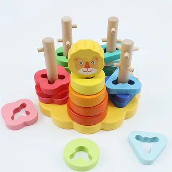 Montessori Mediniai Blokai Žaislai, Vaikų Ankstyvojo Ugdymo Liūtas Įspūdį Atitikimo Blokuoja Pažinimo Geometrijos Skiltyje Žaislas