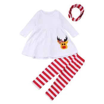 Citgeett Baby Girl Kalėdų Komplektus Drabužių Elnias T-shirt, Suknelė ilgomis Rankovėmis Raudona Dryžuota Antblauzdžiai Lankelis Mielas Rinkinys