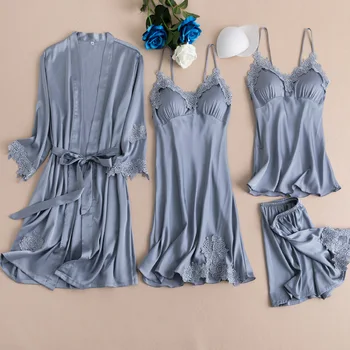 4PCS naktiniai drabužiai Miego Rinkinys, Tamsiai Mėlynos Moterų Pižama Kostiumas Sleepwear Kimono Apdaras Pavasarį apatinis Trikotažas Nėriniai naktiniai Marškiniai Chalatas Homewear