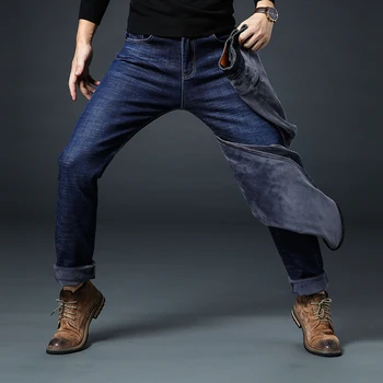 2019 Žiemos džinsinio poilsiu Vyrų Šiltas Black Jeans Elastingumą Slim Fit Tirštėti Džinsinio audinio Kelnės Kelnės Vyrų Bule Didelis Dydis 40 42 44 46