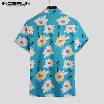 INCERUN 2021 Vyrų Havajų Marškinėliai trumpomis Rankovėmis Gėlių Spausdinti Atvartas Paplūdimio Palaidinė Streetwear Vasaros Atostogų Atsitiktinis Camisas Hombre