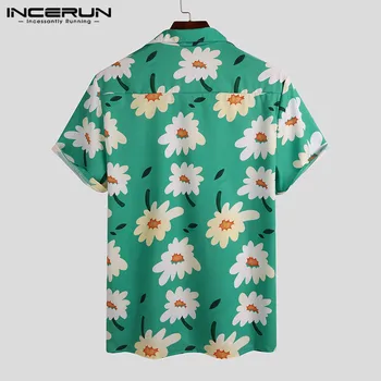 INCERUN 2021 Vyrų Havajų Marškinėliai trumpomis Rankovėmis Gėlių Spausdinti Atvartas Paplūdimio Palaidinė Streetwear Vasaros Atostogų Atsitiktinis Camisas Hombre