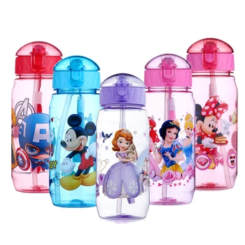 Disney Mickey Minnie Princess Puodeliai Vaikams Kūdikių Vandens Šėrimo Taurės Butelis Šiaudų Nešiojamų Animacinių filmų Taurės Sporto Buteliai 450ML Žygiai