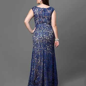 Elegantiškas ponios vintage blue lace aikštėje apykaklės duobute moterų ilgas, maxi plius dydis 4xl 5xl 6xl iškilmingą vakarienę vakare šalis suknelė