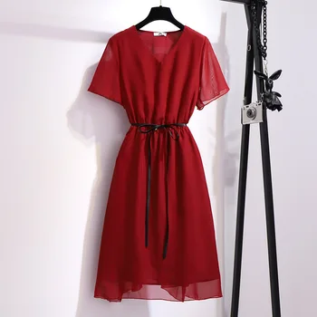 Naujas 2021 m. vasarą plius dydis suknelė moterims didelių palaidų atsitiktinis juoda raudona šifono, elegantiškas V kaklo suknelės diržas 3XL 4XL 5XL 6XL 7XL