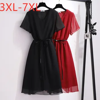 Naujas 2021 m. vasarą plius dydis suknelė moterims didelių palaidų atsitiktinis juoda raudona šifono, elegantiškas V kaklo suknelės diržas 3XL 4XL 5XL 6XL 7XL