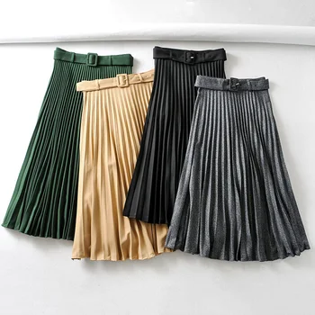 Rudenį, Vasarą moterys derliaus elegantiškas midi sijonas su diržu 2020 Moterų aukšto juosmens plisuotas sijonas moterų panele Laisvalaikio moterų sijonai