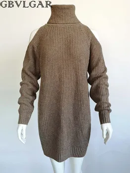 GBVLGAR Moterų Kietas Slim Plus Size Ilgų Megztinių Mezgimo Megztinis Rudenį, Žiemą, Golfo Off Peties Megztas Megztinis-Suknelė