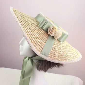 Derliaus prancūzijos Viktorijos Saldus, Elegantiškas Lolita Kviečių šiaudų Flat Top Hat Saldus Moterų Šiaudų skrybėlę Rose Lankas Bandge Didelis eave organizuotuose Sunhat