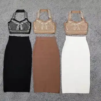 2020 m. rudenį naujų 3 spalvų moteris tvarstis elegantiškas kostiumas perlai viršuje & midi tvarstis dkirt elegantiškas moteris naktį šalies suknelė
