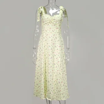 Vasarą Naujos Moterų Vintage Suknelė Cottagecore Seksualus Gilus Žirkliniai Apykaklės Mados Nėrinių Juostelių Gėlių Backless Padalinta Midi Suknelė
