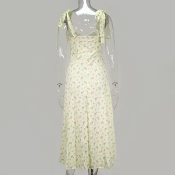 Vasarą Naujos Moterų Vintage Suknelė Cottagecore Seksualus Gilus Žirkliniai Apykaklės Mados Nėrinių Juostelių Gėlių Backless Padalinta Midi Suknelė