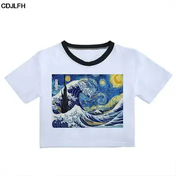 Derliaus Estetinės Marškinėlius korėjos Stiliaus Kpop Pasėlių Viršuje Van Gogho Tapybai Atspausdintas T-shirt Moterims, Žvaigždėtas Žvaigždėtas Naktis Moterų marškinėliai