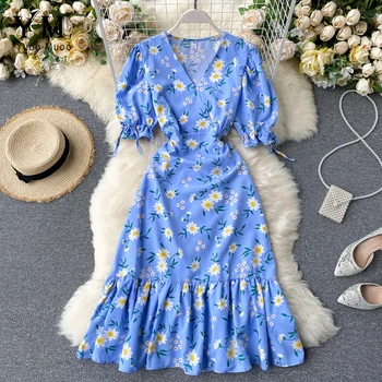 YuooMuoo Mėlyna Suknelė 2020 Naujas Vasaros Sluoksniuotos Rankovėmis V-kaklo Gėlių Spausdinti Raukiniai Suknelė Vestidos Elegantiškas Ponios Šalis Suknelė Sundress