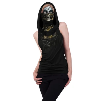 OneLineFox Juokinga Juoda Skeletas Kaukolės Gėlių 3D T-Shirt Su Kauke Moteris Vasarą Hip-Hop Audinio Kaukė Tee Gobtuvu marškinėliai