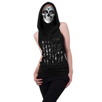 OneLineFox Juokinga Juoda Skeletas Kaukolės Gėlių 3D T-Shirt Su Kauke Moteris Vasarą Hip-Hop Audinio Kaukė Tee Gobtuvu marškinėliai