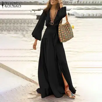 Bohemijos Paplūdimio Ilga Suknelė ZANZEA 2021 Elegantiškas Moteris Giliai V-Kaklo, ilgomis Rankovėmis Maxi Sundress Pavasario Atsitiktinis Padalinti Hem Šalies Vestidos