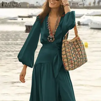 Bohemijos Paplūdimio Ilga Suknelė ZANZEA 2021 Elegantiškas Moteris Giliai V-Kaklo, ilgomis Rankovėmis Maxi Sundress Pavasario Atsitiktinis Padalinti Hem Šalies Vestidos