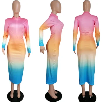 Echoine Rudenį, Pavasarį Kaklaraištis Dažų Print Long Maxi Suknelė Moterims Užtrauktukas Seksualus Liesas Šalies Elegantiškas Suknelės Klubas Komplektus Streetwear