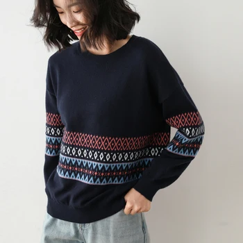 Žiemos naujas retro žakardo kašmyro megztinis moteriška O-Kaklo džemperis spalvų dryžuotas laisvas megztinis, žemiausią megztinis