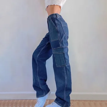 Kratinys Didelis Kišenės Baggy Jeans Moterų Derliaus Streetwear Didelis Juosmens Y2K 90s Pločio Kojų Krovinių Kelnės Harajuku korėjos Džinsinio Džinsus