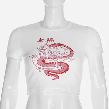 Balta Kinų Simbolių Dragon Spausdinti Marškinėliai Moterims Bodycon Atsitiktinis Marškinėlius (T-Shirt Streetwear Topai Marškinėliai Vasarą