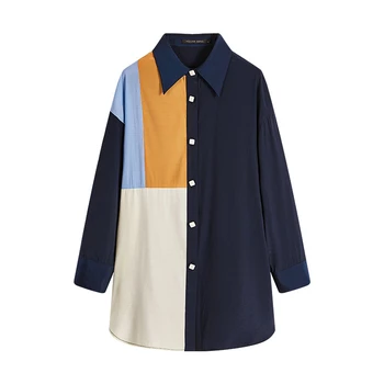 LANMREM 2021 m. rudenį gatvės drabužiai mados Asimetriškas elegantiškas ilgomis rankovėmis prarasti kratinys lieknėjimo kontrasto spalvų marškinėliai 2A566