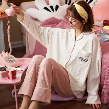 Medvilnės Pižama Moterims, Namuose Kostiumas ilgomis Rankovėmis Loungewear Moterų Pj Rinkiniai Sleepwear Pijamas Femme Rudens Drabužiai